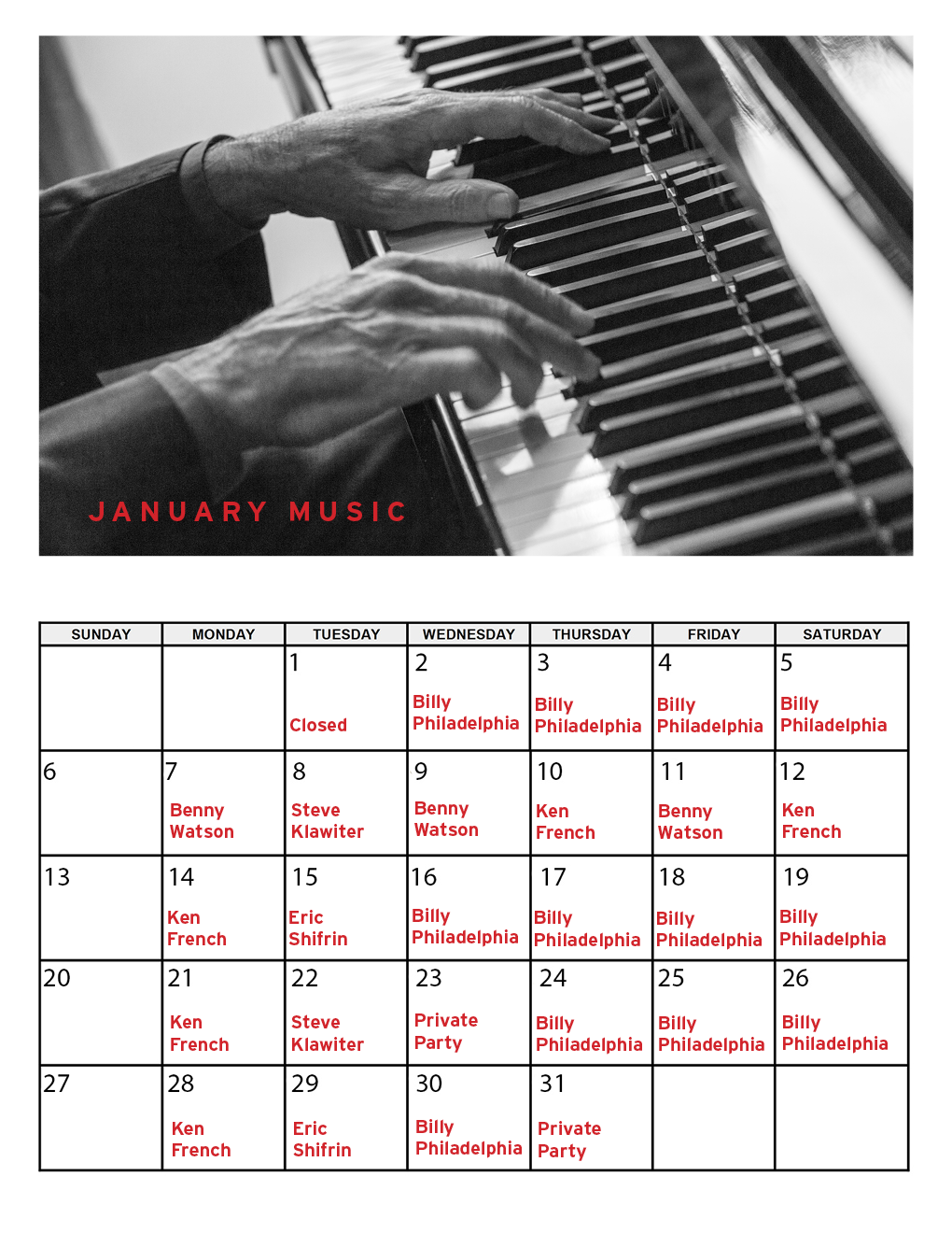 Music calendar_Jan19 One Market Restaurant