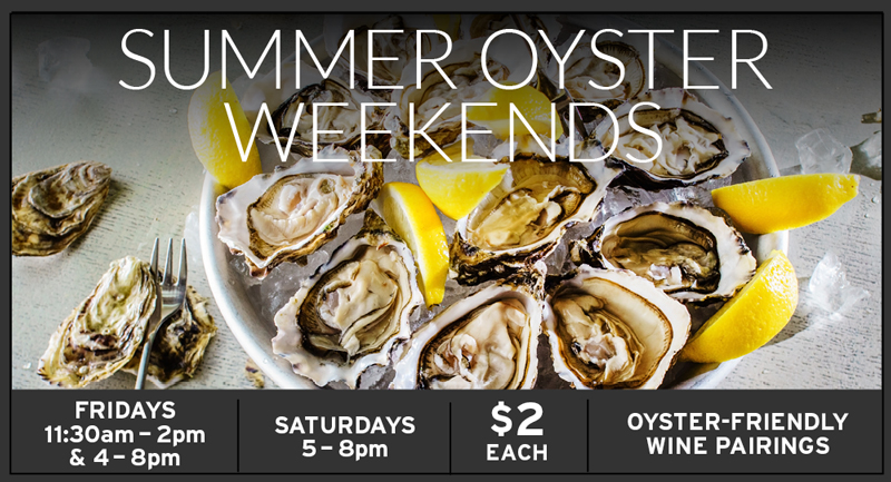 Flyer promoting $2 oysters Friday 11:30am-2pm 4-8pm and Saturday 5pm-8pm PST